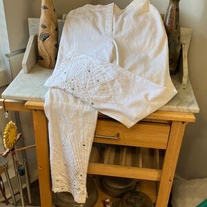 St. John Collection White Boot Cut Pants Embellished Bottom Cute Sexy
